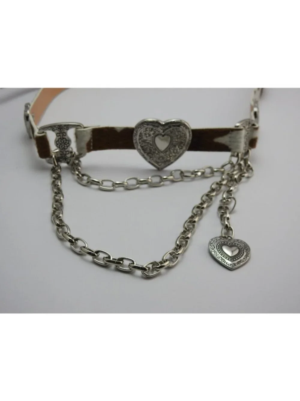 Haute Hippie Cowhide Hair On Belt Heart Chain Western One Size NWT